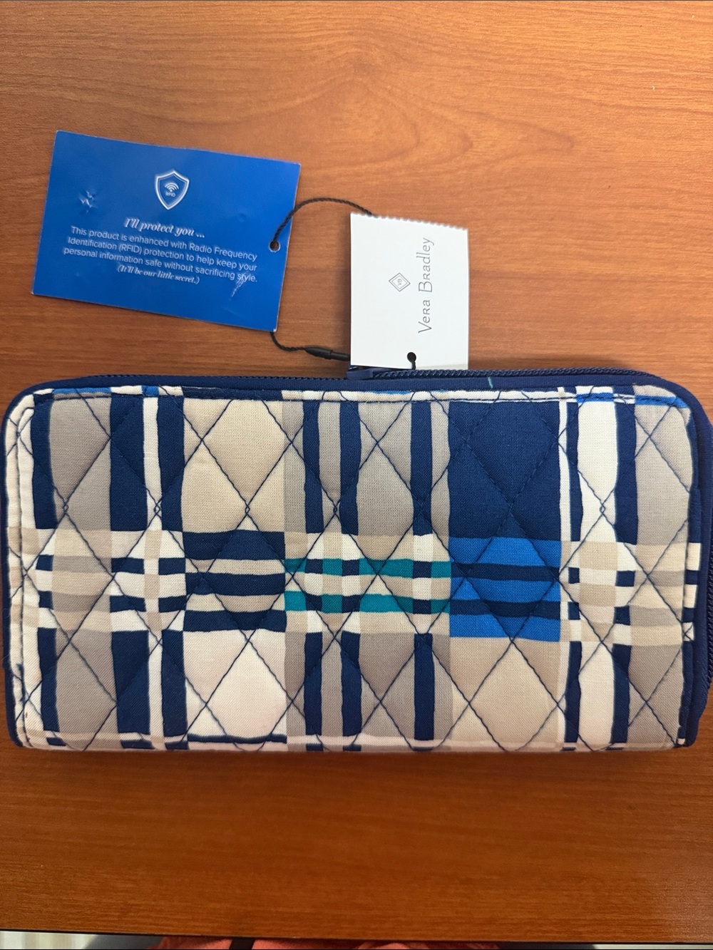 2 NWT Vera Bradley Quilted Zip-Around Wallets in Navy, Tan and Turquoise Plaid